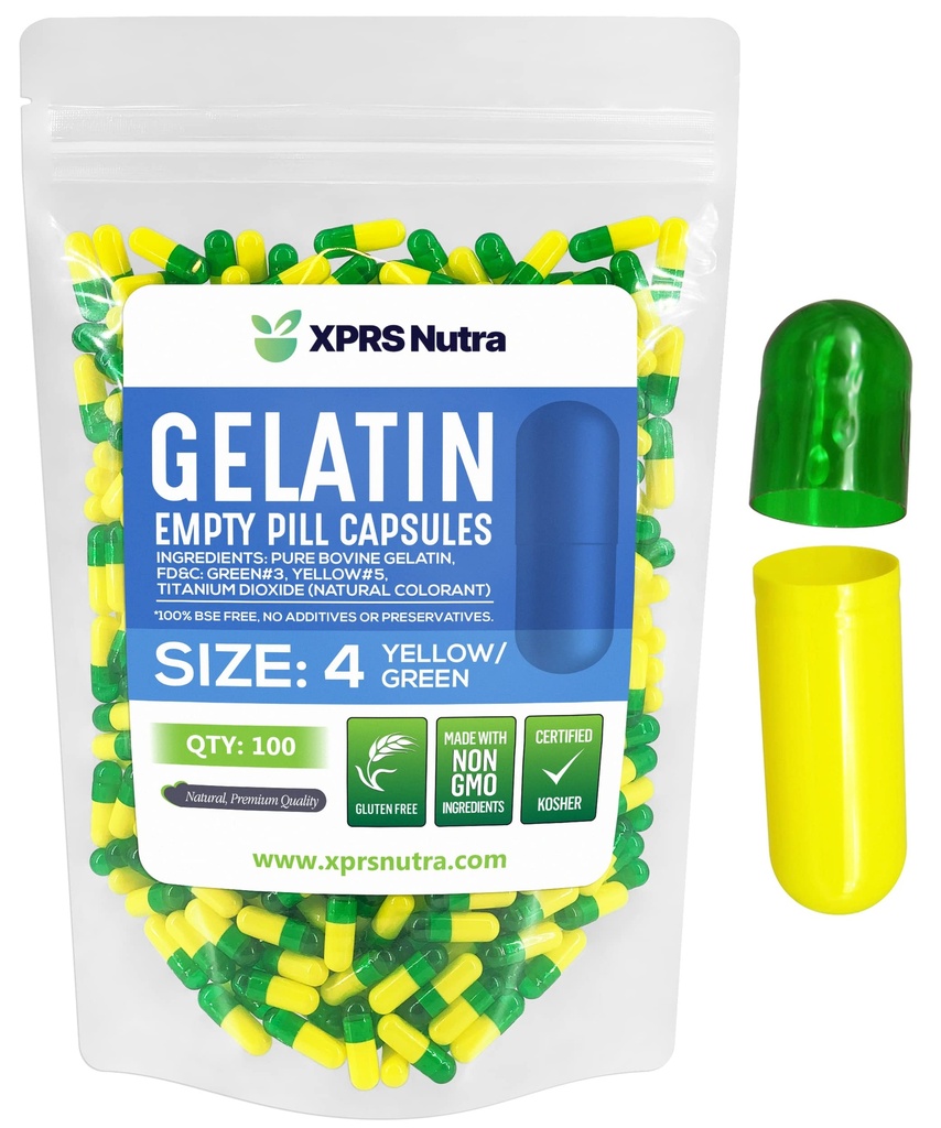 XPRS Nutra Size 4 Empty Capsules - 100 Cuentas Pequeños Empty Gelatin Capsules - Pill Capsule Filling - Bovine Pill Gel Caps (Green/Yellow)