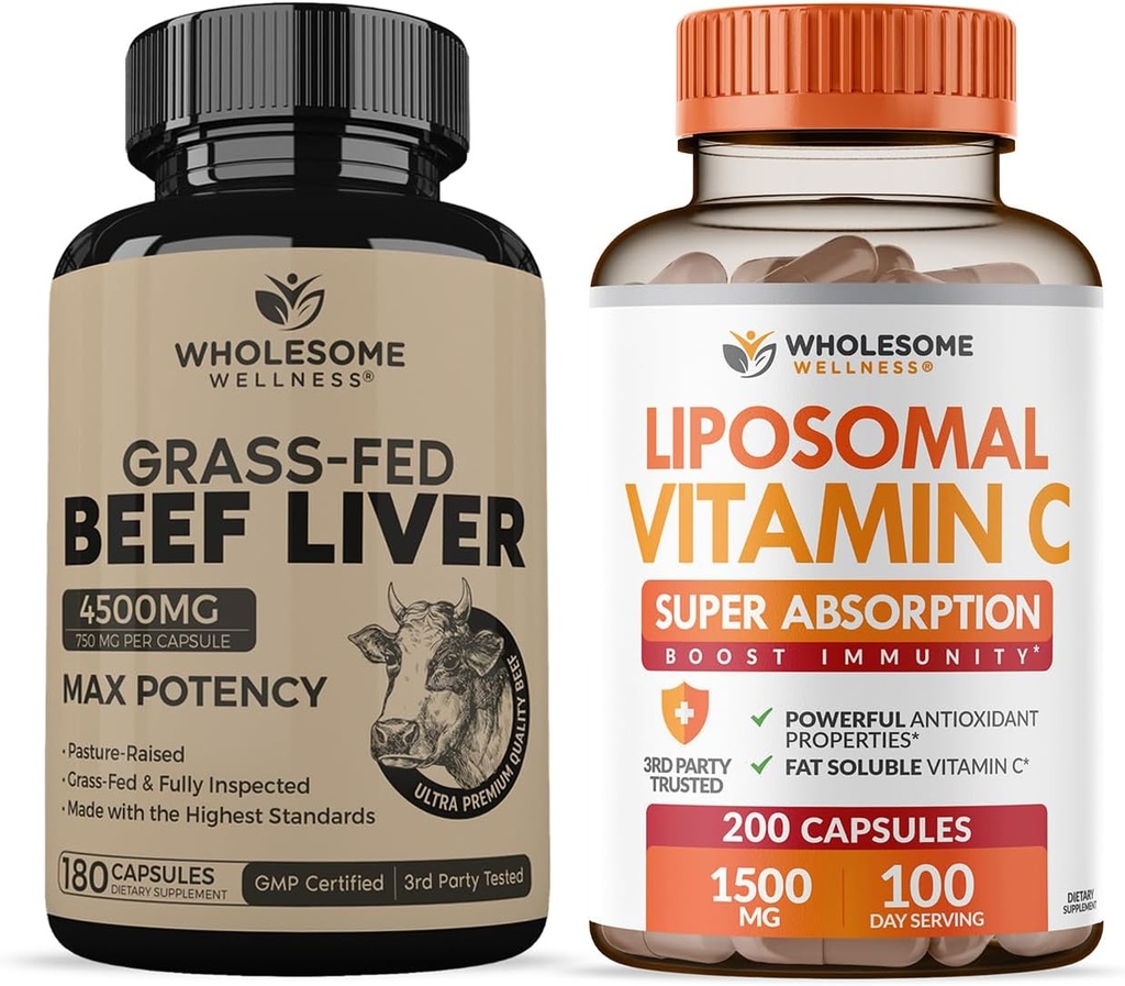 Grass Fed Desiccated Beef Liver Capsules (180 Pills, 750mg Cada uno) + Liposomal Vitamina C Capsules (200 Pills 1500mg Buffered) Alta Absorción VIT C Bundle