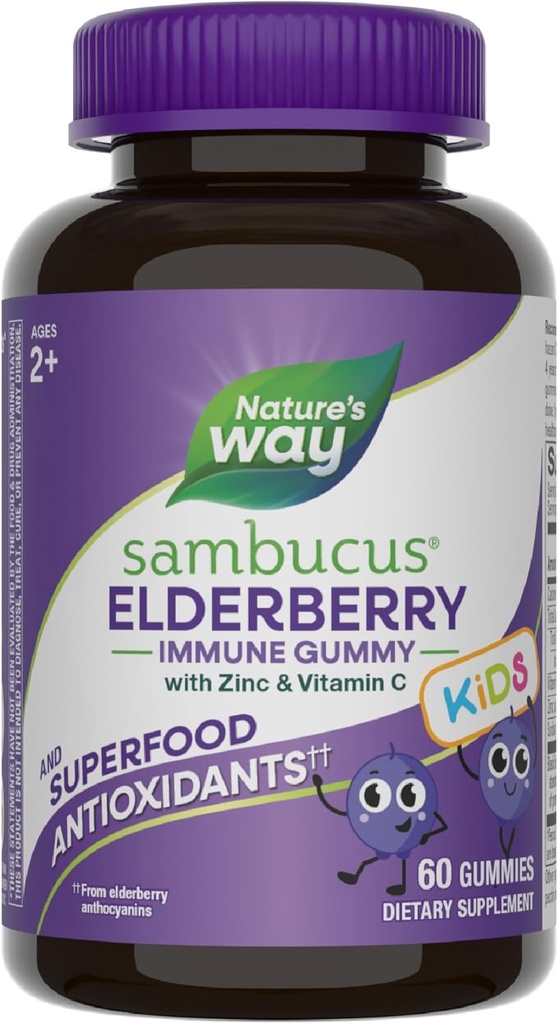 Nature's Way Sambucus Elderberry Immune Gummies for Kids, Immune Support Gummies*, with Black Elderberry Extract, Vitamin C and Zinc, 60 Gummies (Packaging May Vary)