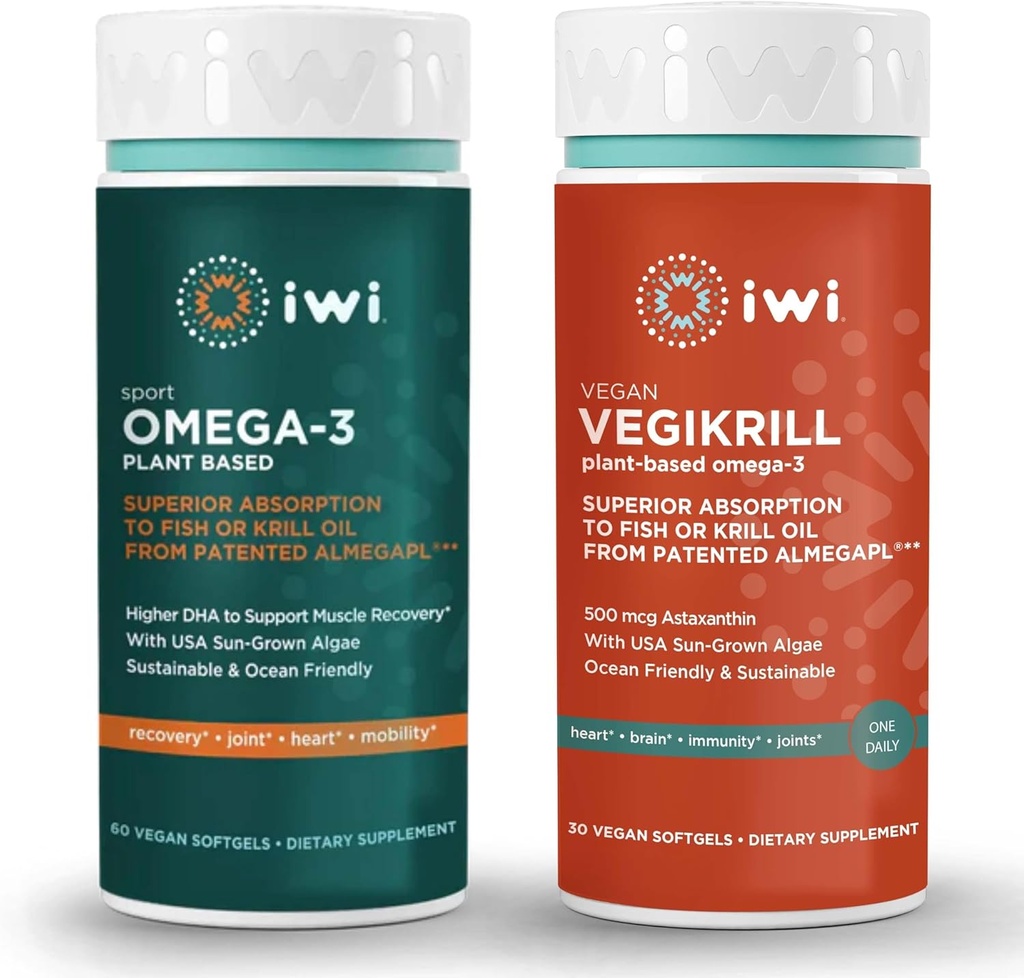 iwi Omega-3 Sport " Vegikrill Omega-3 Bundle, 30 Servidores, Vegan Plant-Based Algae Omega 3 con EPA + DHA, Krill " Fish Oil Alternative, No Fishy Aftertaste