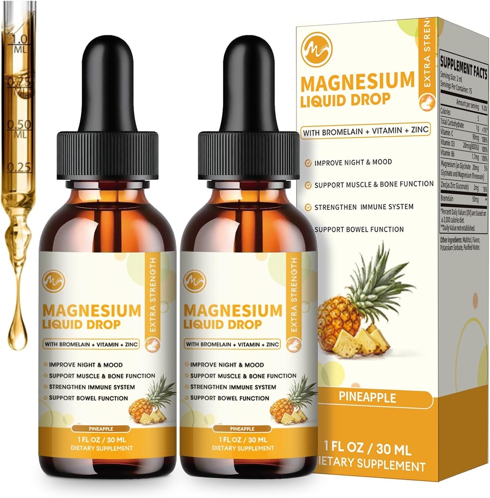 (2 Pack) M inch Magnesium Glycinate Liquid Drop, High Absorption Liquid Magnesium Complex with Bromelain, VitaminC,D3,B6 &amp; Zinc, Threonate Supplement for Night, Mood, Muscle & Bone Support
