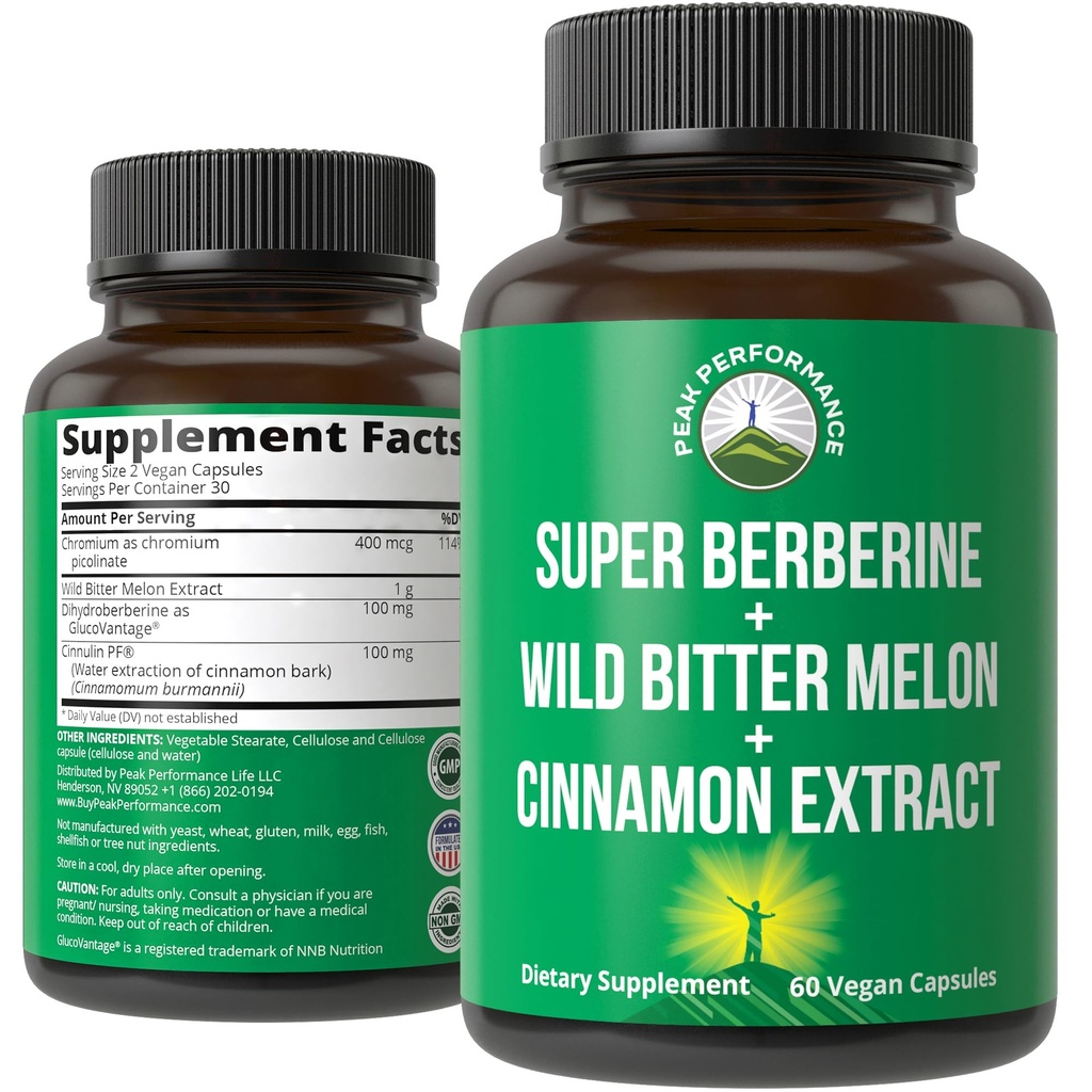 Ultra High Strength 4-In-1 Super Berberine Patented GlucoVantage + Wild Bitter Melon + Extracto de canela + Chromium Picolinate Vegan Capsules. Gran suplemento de apoyo después de la comida Spikes y energía