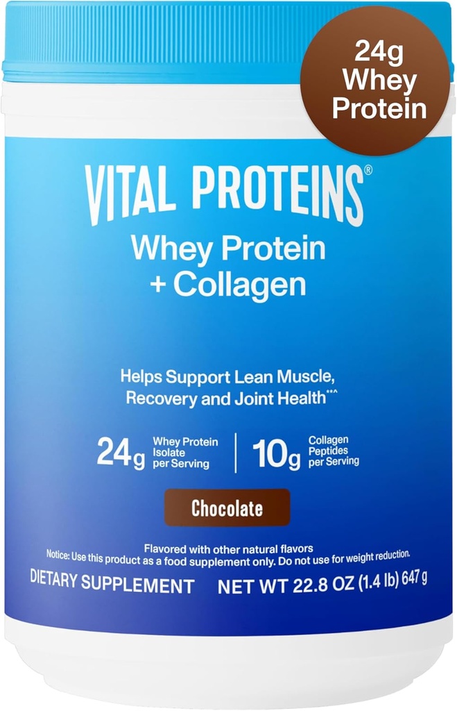 Proteínas Vital Whey Protein Powder+ Colagen Peptides, 24g Proteína Apoyo Recuperación " Salud Conjunta, con Vitamina C, Alrededor de 16 Servings - Chocolate 22.8oz