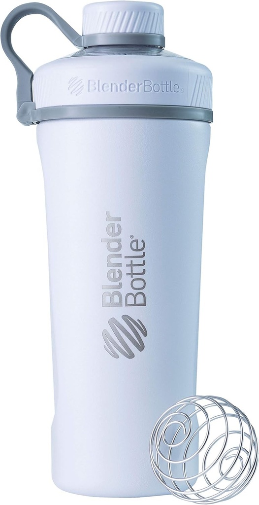 BlenderBottle Radian Shaker Cup Botella de agua de acero inoxidable aislada con Wire Whisk, 26 onzas, Matte White