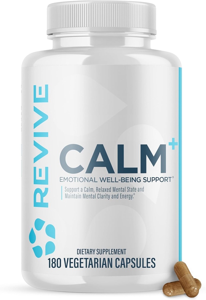 Revive MD Calm, Emotional Well-Being Support Supplement - Stress Management for Men ' Women - Mood Enhancement Supplement Promotes Relaxation with L-Theanine, GABA & 5-HTP (180 capsules, 30 Servings)