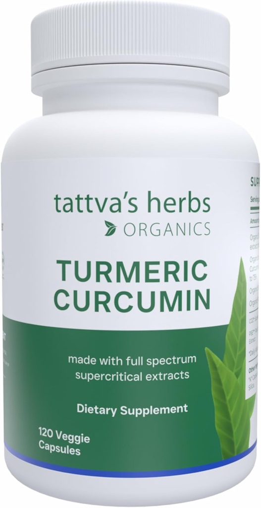 Curcumina Turmérica de hierbas de Tattva 500 mg, Suplemento Herbal para Apoyo Antioxidante, Curcumina Turmérica con Pepper Negro para Absorción Avanzada, 1 Pack, 120 cápsulas de verduras