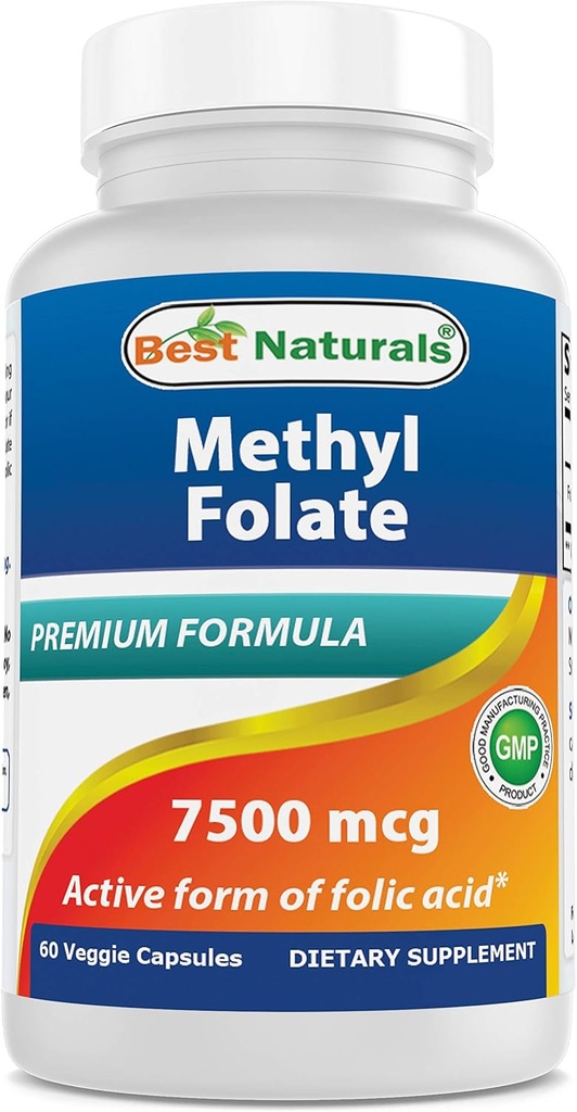 Best Naturals Metil Folate 7500 mcg (7.5mg) (Most Bio-Available) Veggie Capsule - Apoya Función de Formación Celular Crecimiento, Cerebro, Memoria, Salud Cardiovascular, 60 Cuenta