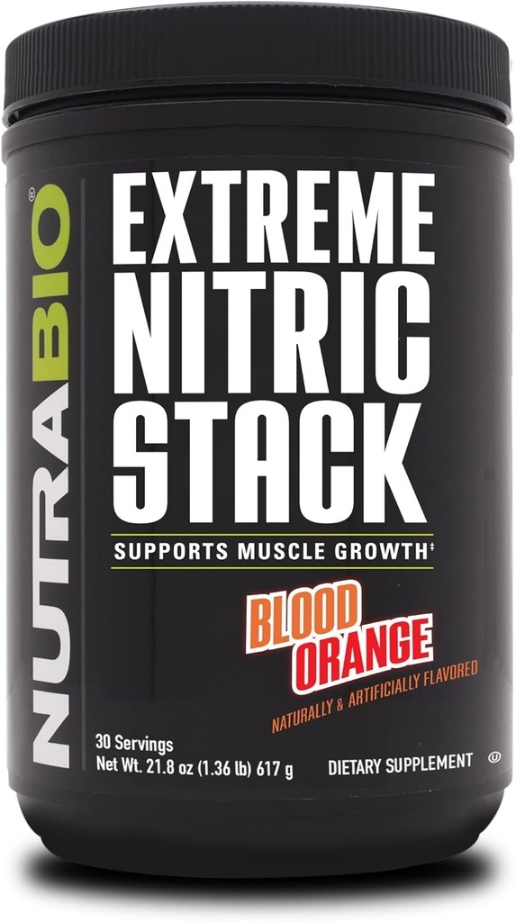 NutraBio Extreme Nitric Stack, Nitric Oxide y Cell Volumizing Formula- 30 Servings (Blood Orange)