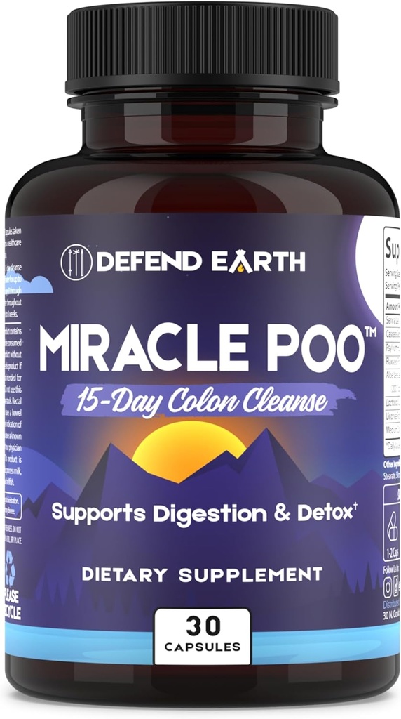 15 Day Gut Cleanse, Miracle Poo Colon Cleanse Capsules for Detox &amp; Digestive Health Support with Psyllium Husk, Senna, " Cascara Sagrada, Non-GMO, 30 Capsules