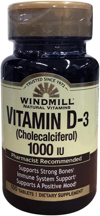 Vitaminas naturales de molino de viento Vitamina D-3 Cholecalciferol 1000IU Suplementos dietéticos 100 Tabletas (Pack of 2)