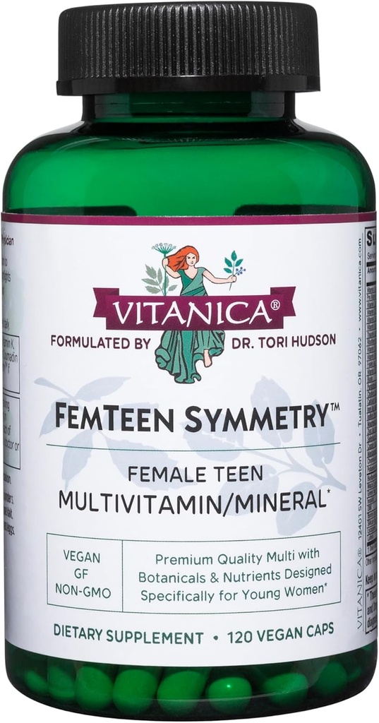 Vitanica FemTeen Symmetry, Vitaminas para Adolescentes Daily Multivitamin, Vegan, 120 cápsulas
