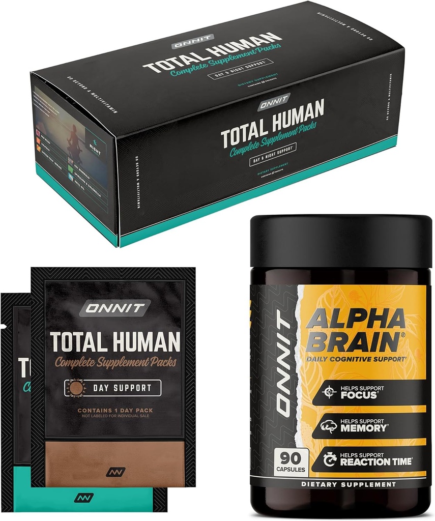 ONNIT Premium Alpha Brain Bundle - Suplemento Nootropic Brain (90 Cuenta) para Focus, Concentration &amp; Memory + Total Human Day and Night Vitamin Packs para Hombres y Mujeres (30-Day Supply)