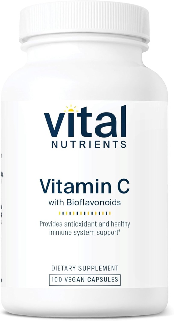 Nutrientes Vitales Vitamina C con Bioflavonoides ← Suplemento Vegan para Apoyo Inmunitario*  1000mg Vitamina C y 500mg Citrus Bioflavonoid ← Gluten, Dairy and Soy Free ← Non-GMO ← 100 cápsulas