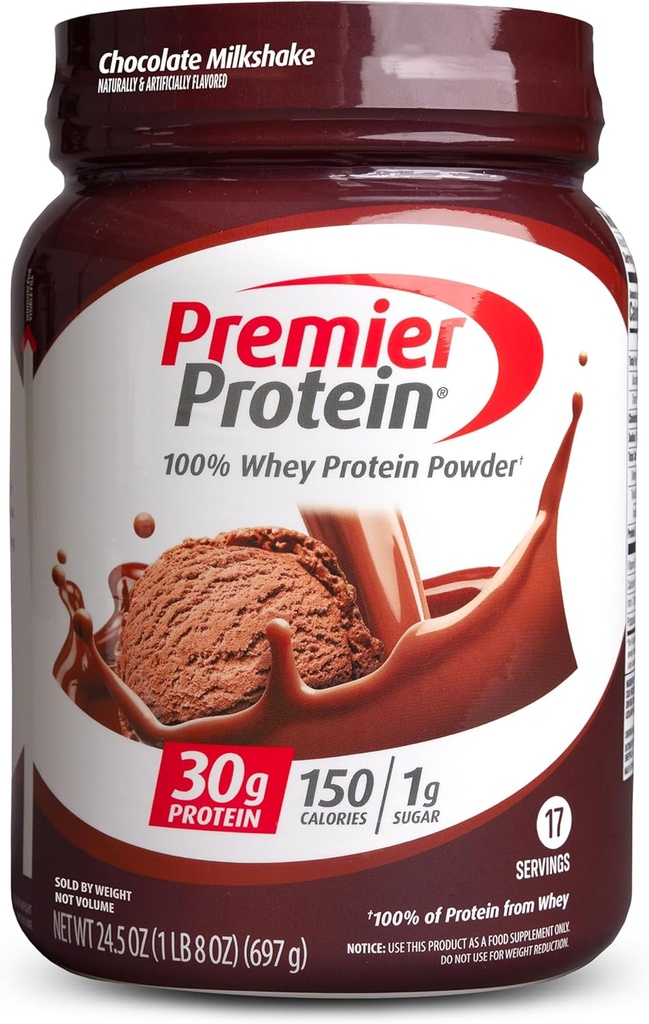 Premier Protein Powder, Chocolate Milkshake, 30g Protein, 1g Sugar, 100% Whey Protein, Keto Friendly, No Soy, Gluten Gratis, 24.5 oz (17 Servings)