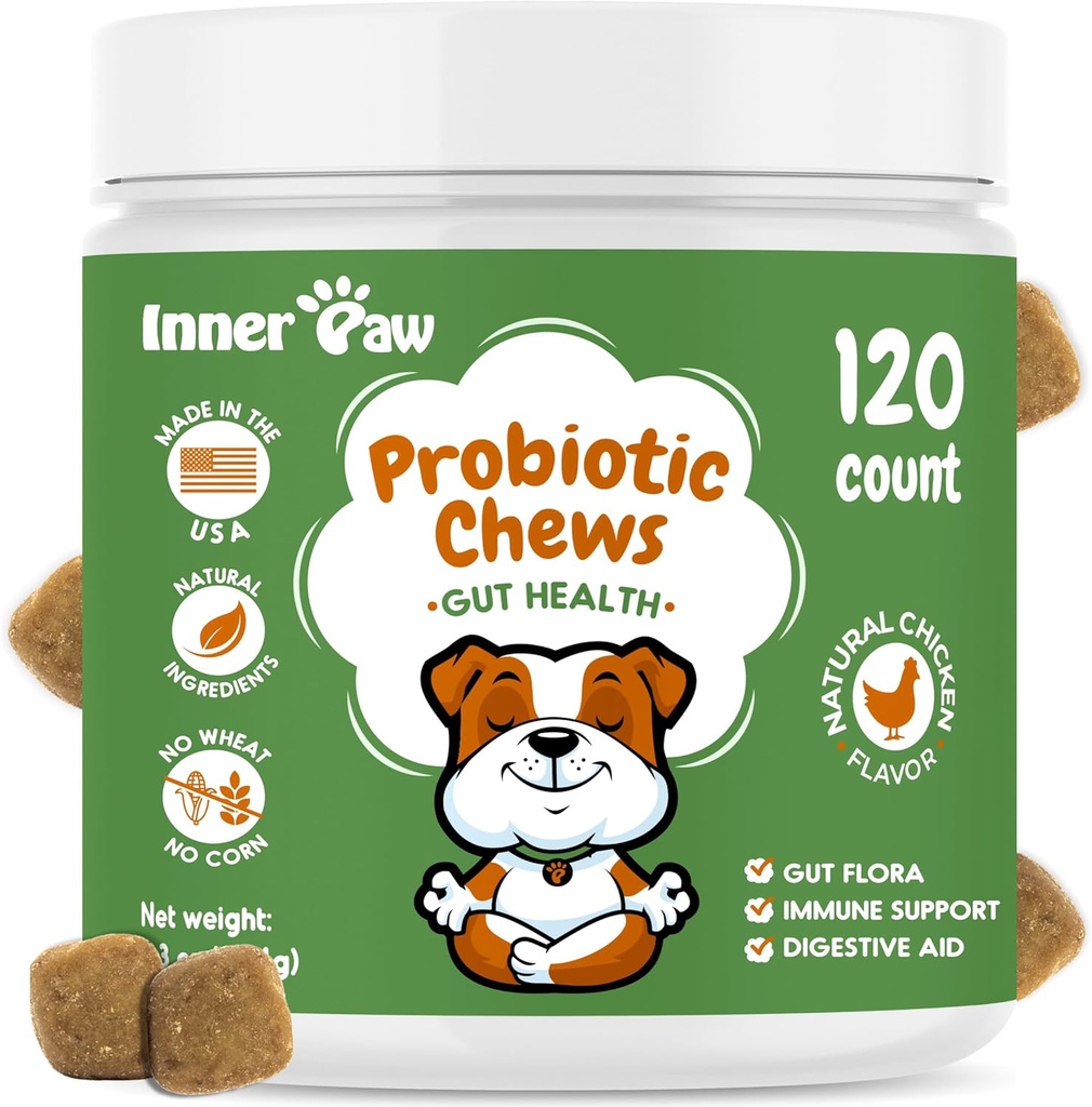 Probióticos de pata interna para perros, enzimas digestivas " fórmula prebiótica para la salud de las vacas, probióticos para perros para la diarrea, soporte de intestino " , sabor de pollo, 120 cerdas blandas