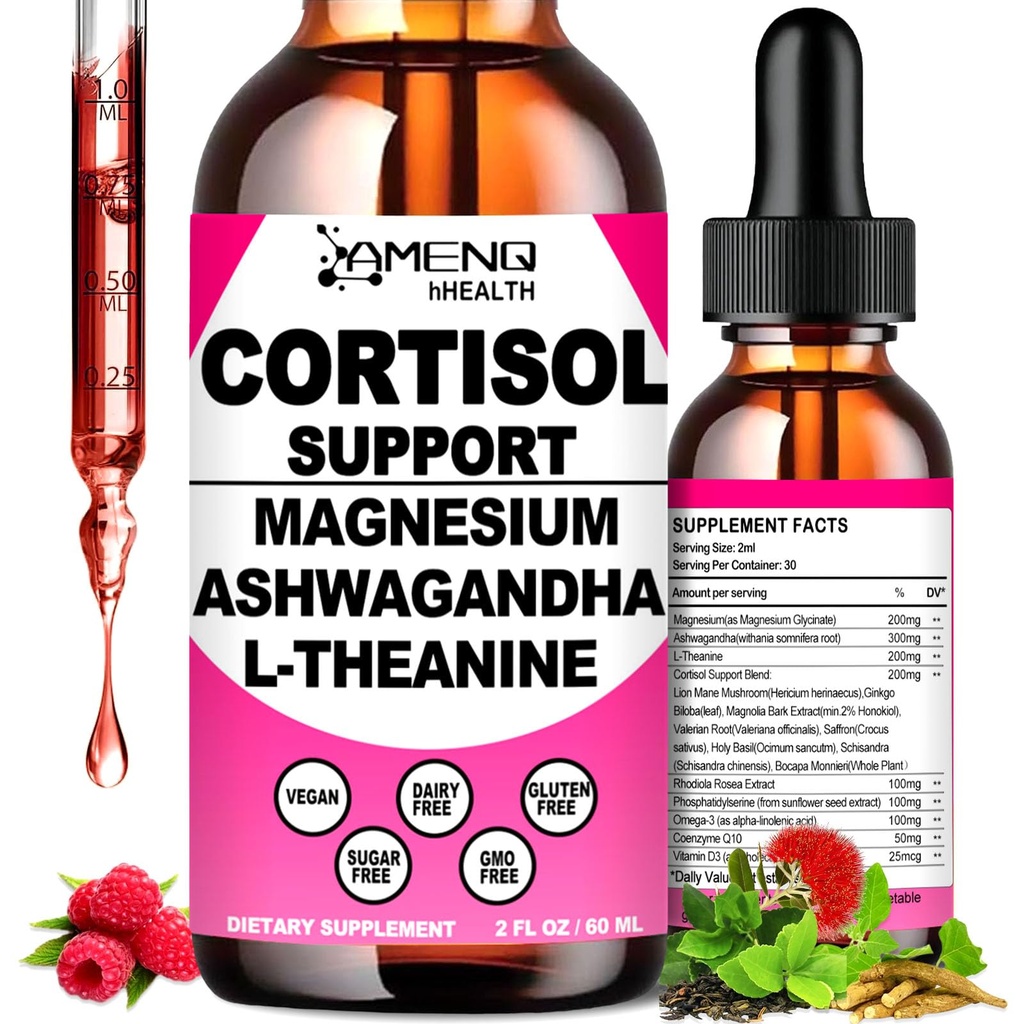 Cortisol Supplement Liquid Drops, 17-in-1 Cortisol Reducer w. Ksm-66 Ashwagandha Theanine Rhodiola Rosea Magnesium Phosphatidylserine, Hormone Balanced & Lower Cortisol for Women Calm* Relax