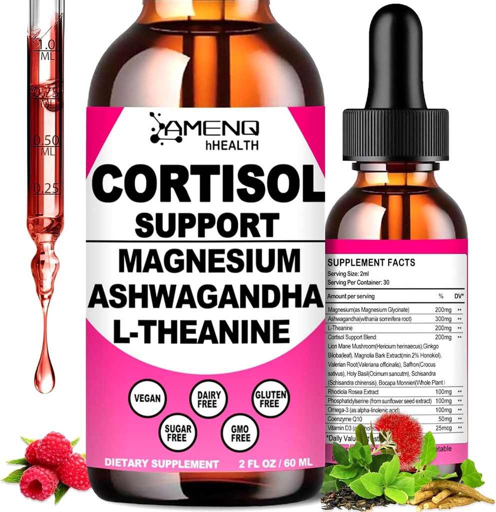 Cortisol Supplement Liquid Drops, 17-in-1 Cortisol Reducer w. Ksm-66 Ashwagandha Theanine Rhodiola Rosea Magnesium Phosphatidylserine, Hormone Balanced & Lower Cortisol for Women Calm* Relax