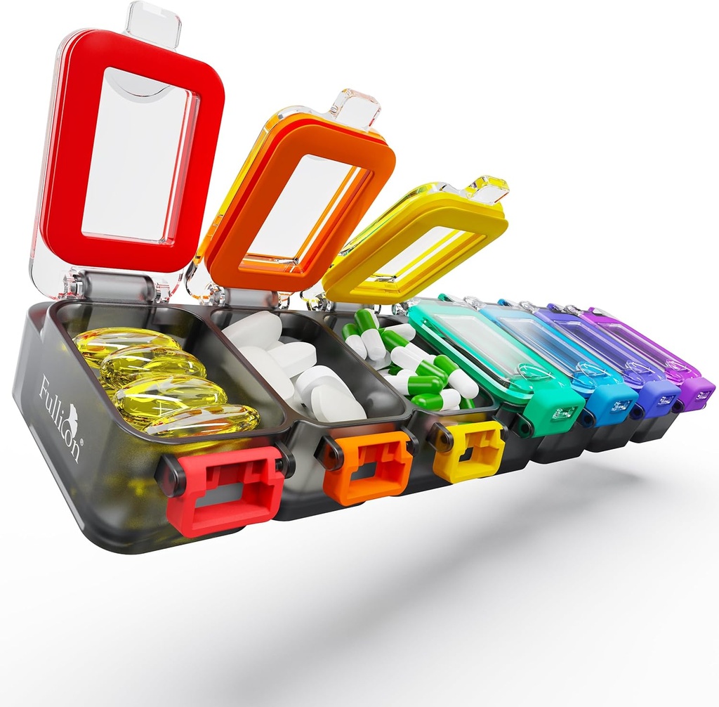 Fullicon Organizador semanal de píldoras 7 días Ultra Moisture and Spill Proof Daily Pill Box, Gran Caso de Medicina con Buckle Seguro, Contenedor de Píldora de Viajes Compacto para Píldora, Vitamina, " Fish Oil (Rainbow Black)