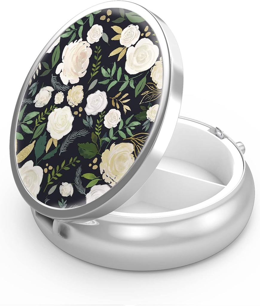 Pill Box 3 Compartment Small Pill Case,Portable for Pocket or Purse Pill Organizer Pill Container Holder to Hold Vitamins, Medication, Fish Oil and Supplements (Elegant Flowers)