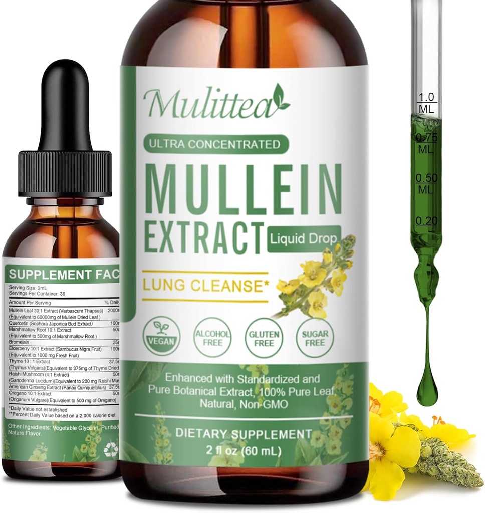 Mullein Drops for Lungs " Lymphatic Drainage - Lung Cleanse " Detox- Vegan Mullein Leaf Extract Support Immune,Respiratory Digestive -9 Potent Herbal Supplement to Renew -As Liquid