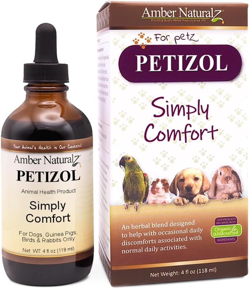 AMBER NATURALZ Petizol Sencillamente Confort Herbal Suplemento para Perros, Pájaro, Conejo Silencioso para los trastornos ocasionales y Temperatura normal del cuerpo TEN 4 Fluid Ounce Glass Bottle ← Manufactured in The USA