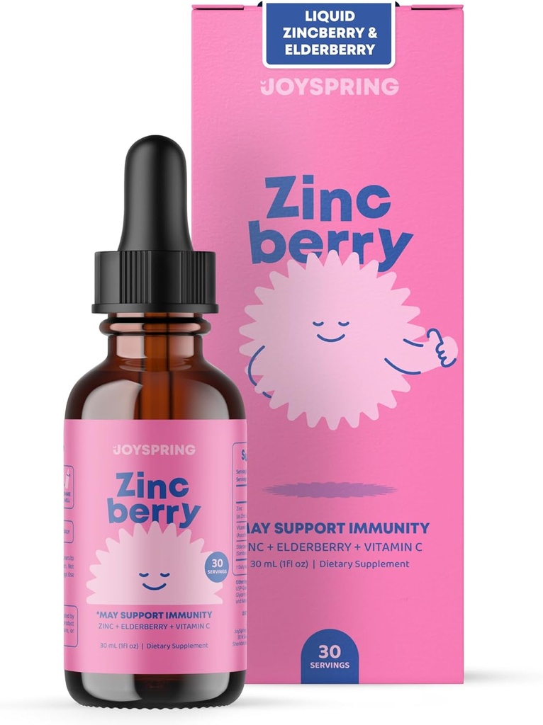 JoySpring ZincBerry - Niños Zinc &amp; Suplemento de vitamina (1 fl oz) Immune Support Drops with Elderberry Flavor for Kids 2-16+ Años