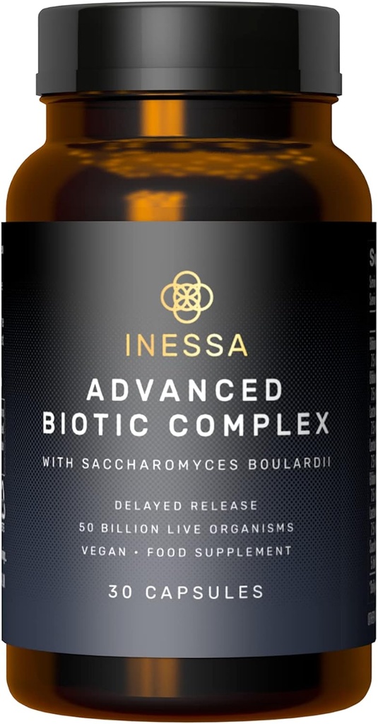 Inessa Advanced Biotic Complex - 50 Billion CFU Probiotics For Women Digestive, Gut Health With Delayed Release - 7 Strain Dairy Soy Gluten Free Probiotic Supplement - 30 Vegan Capsules For Men & Wome