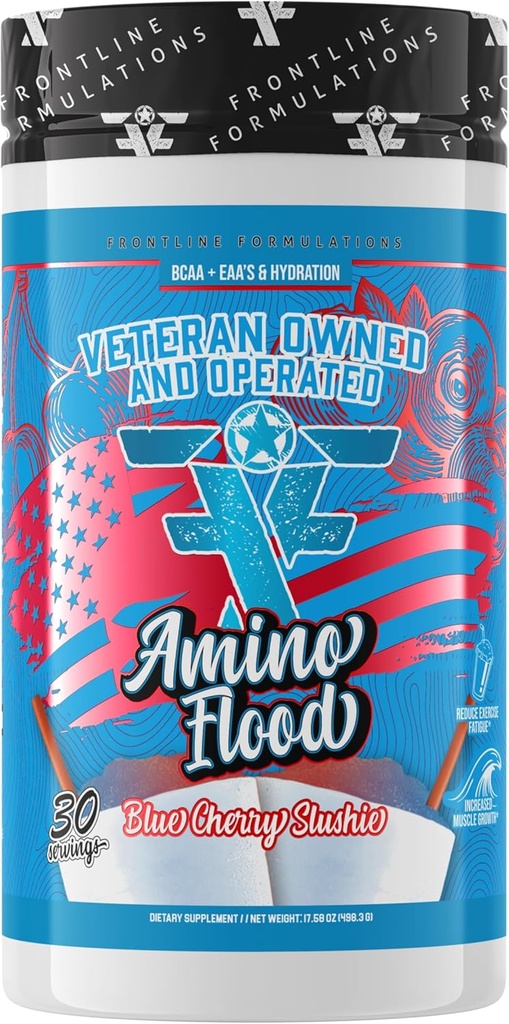 Amino Flood, BCAAs + Aminoácidos esenciales, Bloques de construcción del músculo, Fórmula completa, Gran sabor, Veterano Propio y Operado (30 Servimientos, Blue Cherry Slushie)