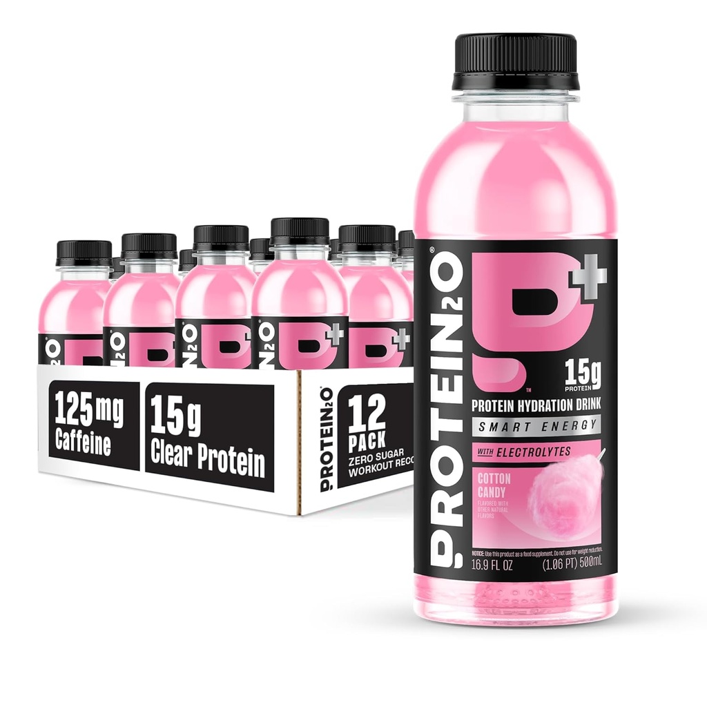 Protein2o 15g Whey Protein Isolate Hydration Drink Plus Energy & Focus, 350 mg de electrolitos, vitaminas B5 &amp; B6, Sugar Free, Cotton Candy, 16.9 oz Bottle (Pack of 12)