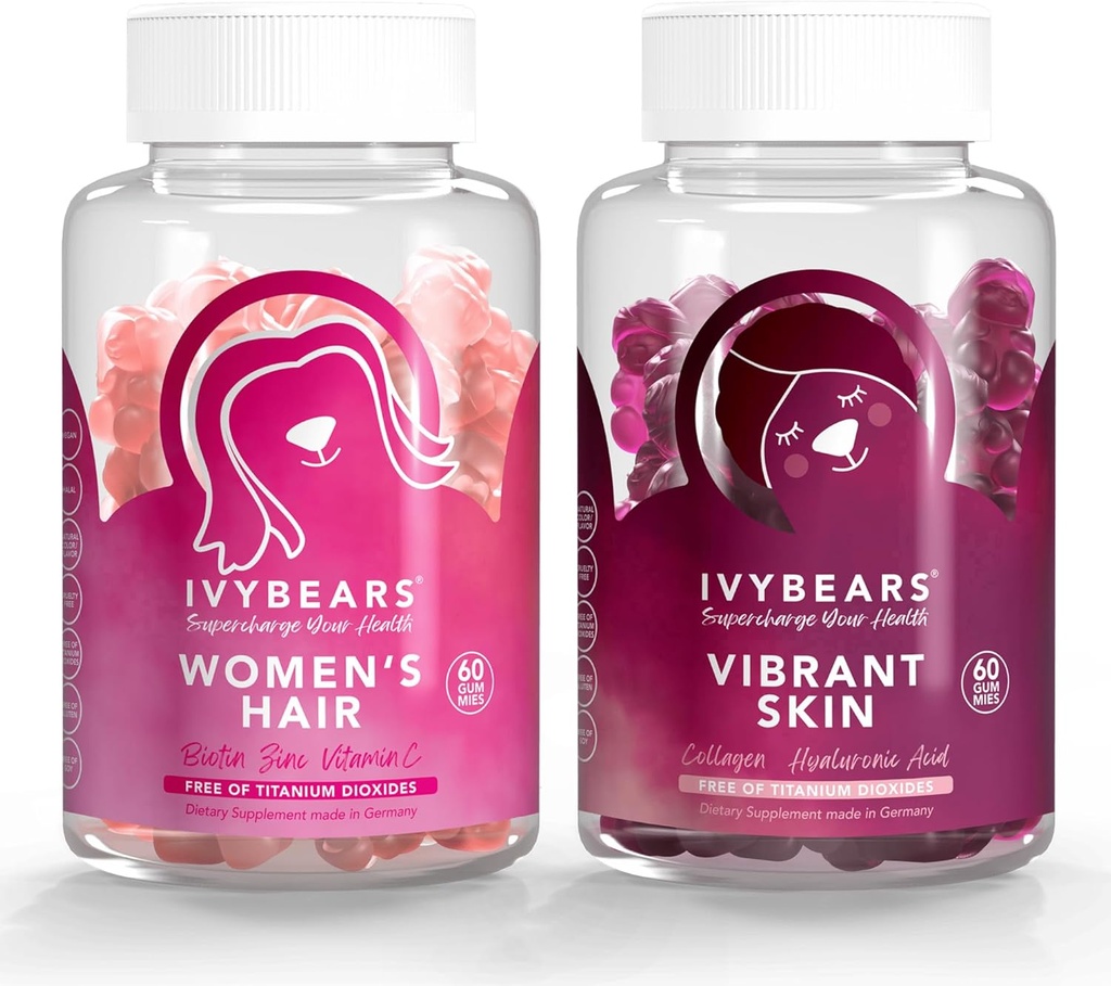 IvyBears® Women’s Hair & Skin Bundle – Peluqueros de crecimiento con Biotina &amp; Collagen + Vibrant Skin Gummies with Hyaluronic Acid " VERISOL – Vegan Beauty Support – 2-Pack