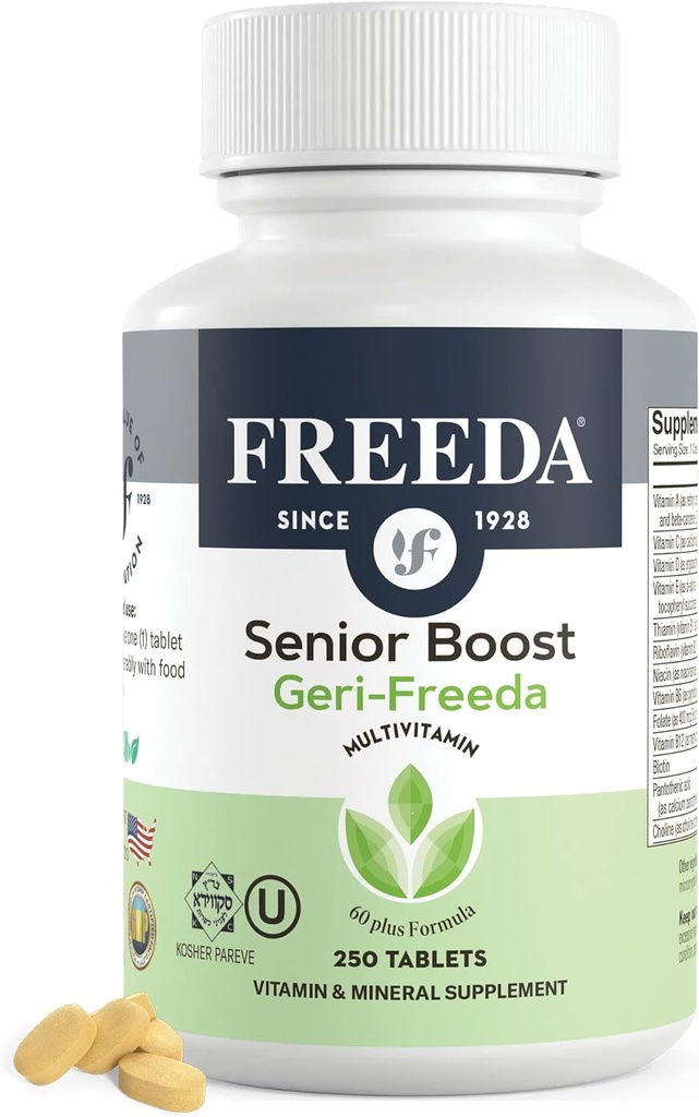 Freeda Senior Multivitamin - Kosher Vitamins for Men &amp; Women 60 and Over - One Daily Coated Tablet - Women’s &amp; Men’s Vitamins Multivitamin 60 Plus - Vitaminas para Mujeres Más de 60 Plus Antiguamente (250 Cuenta)