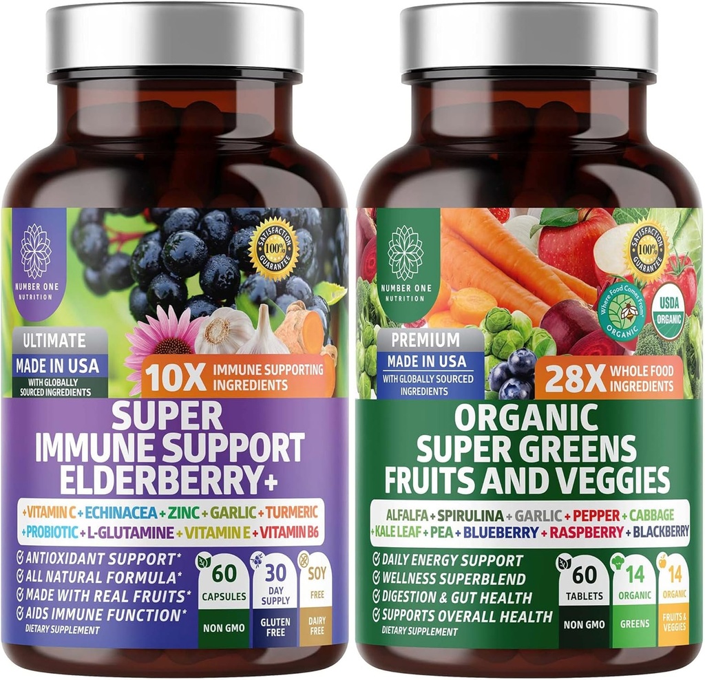 N1N Premium Organic Super Fruits & Veggies + Immune Support [38 Ingredientes potentes], Natural Super Greens Suplemento con Alfalfa, Vitaminas & Minerales, Zinc, Turmérica y Probiótico, 120 Caps