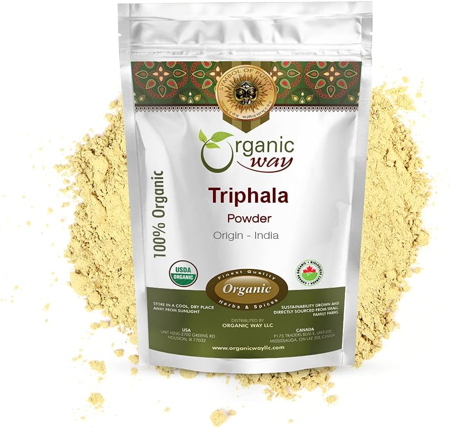 Orgánica Triphala Herbal Powder - Amla, Haritaki &amp; Bibhitaki Fórmula Silencio Kosher &amp; USDA Certified ← No GMO &amp; Gluten Free ← Tested for Heavy Metal and Purity ← 100% Raw from India ← 1/2 LBS (8 Oz)