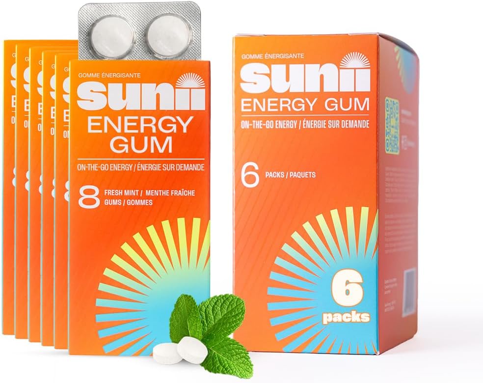 Sunii - Energy Gum - NUEVO Quick Boost Energy & Focus - 50mg Caffeine Gum -Vitamins B6 &amp; B12, Taurine, Vegan, No Sugar, Zero Calorie, Fresh Mint Taste - Más rápido que Chews, Bebidas, Gels & Pills (48pcs)