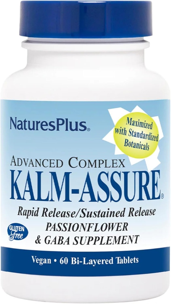 Natures Plus Kalm-Assure - 60 Tabletas Bi-Layered - Soportes Relajación con Pasionflower, GABA, Chamomile & Magnesium - Gluten Gratis &amp; Vegan - 60 Servings
