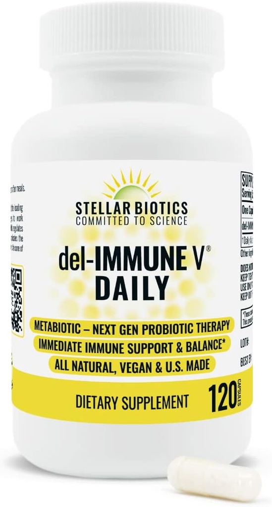 Del-Immune V® Daily by Stellar Biotics, All-Natural Immune Support &quot Gut Health, Inmediata atención, Metabiótico: NextGen Probiotic Therapy (120 Caps)