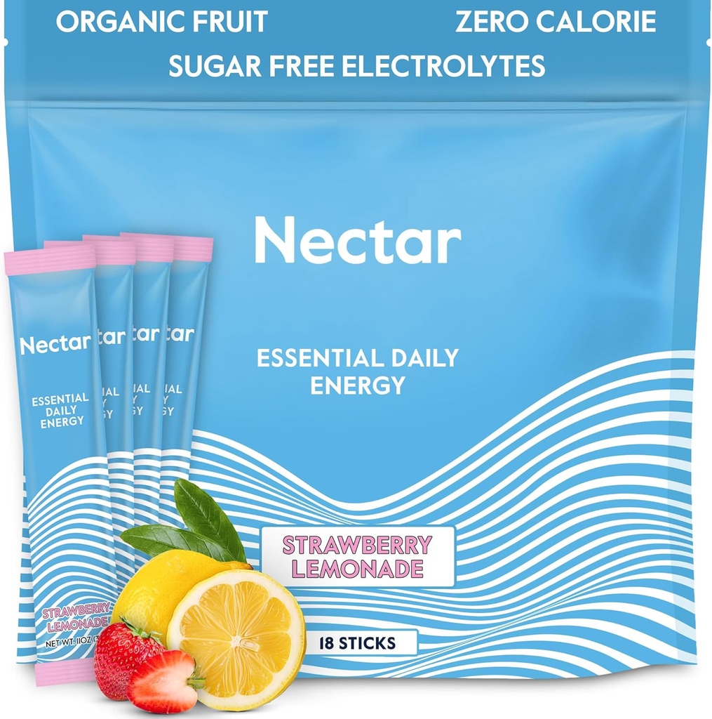 Nectar Energy Booster - Organic Caffeine, B12 & Electrolytes - Sugar Free & Zero Calorie – Healthy Coffee, Energy Drink & Soda Alternative – Hydration & Energy Supplement (Straw. Lemonade 18 Packets)