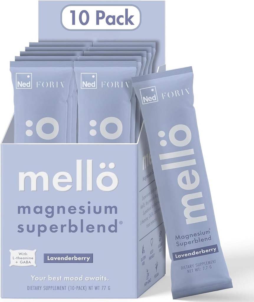 mellö Magnesium Supplement Superblend Powder - Magnesium Glycinate with L-Theanine, GABA, and Trace Minerals - Supports Sleep, Relax, and Balanced Energy - Lavenderberry Flavor, 10-Pack, Singles