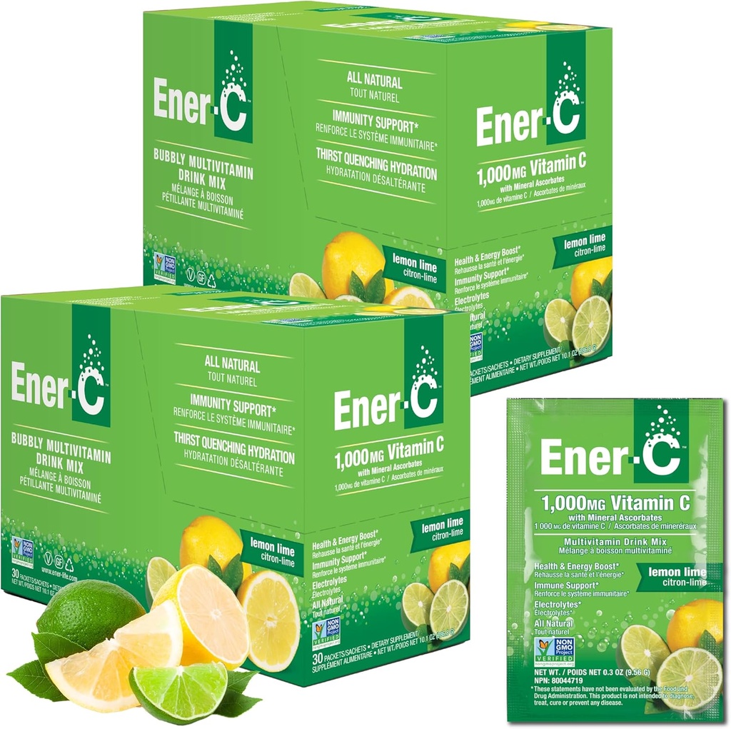 Ener-C Multivitamin Drink Mix - Vitamin Packets for Water, Electrolytes Powder Packets, Vitamin Drink Mix, Hydration Liquid Mix, Immune Booster for Adults, Healthy Energy - Lemon Lime, 60 Count