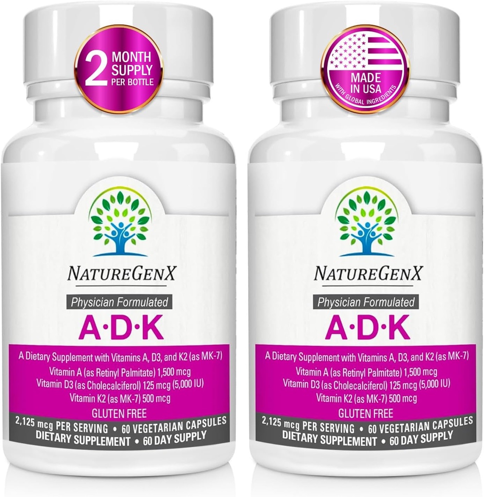 Suplemento de vitamina ADK - Mejora de la salud ósea con vitaminas de alta potencia A, D3, K2, sin gluten, 60 cápsulas (Pack of 2)