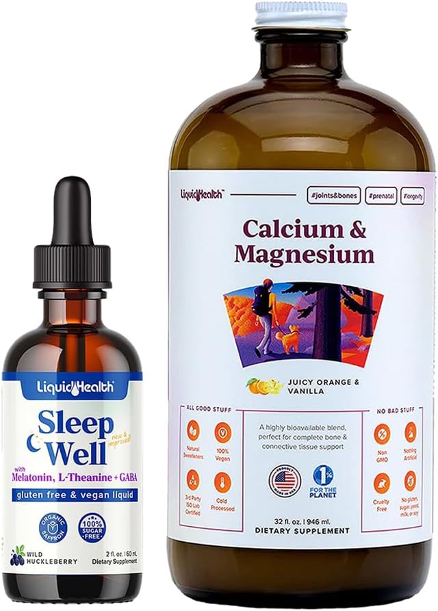LIQUIDHEALTH Sleep Well Melatonin Drops " Calcium and Magnesium Liquid Joint Supplement Bundle - Natural Herbal Sleep Aid, Promotes Relaxation, Bone, Tissue, " Joint Support - USA Made, Vegan, Non-GMO