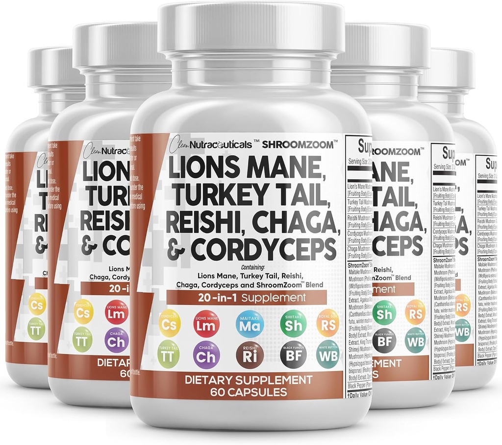 Nutracéuticos limpios León Mane 20in1 Mushroom Suplemento con Turquía Tail Reishi Cordyceps Chaga Maitake Meshima Poria Cocos Shiitake Oyster Porcini Enoki (5)