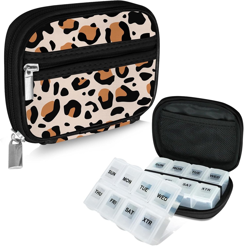 Serfeymi Caja de píldoras de viaje semanal para fines con caja extraíble de 7 días, caja de píldoras de viaje de moda Organizador de píldoras para la medicina, vitamina, suplemento - marrón 02 + caja de píldoras