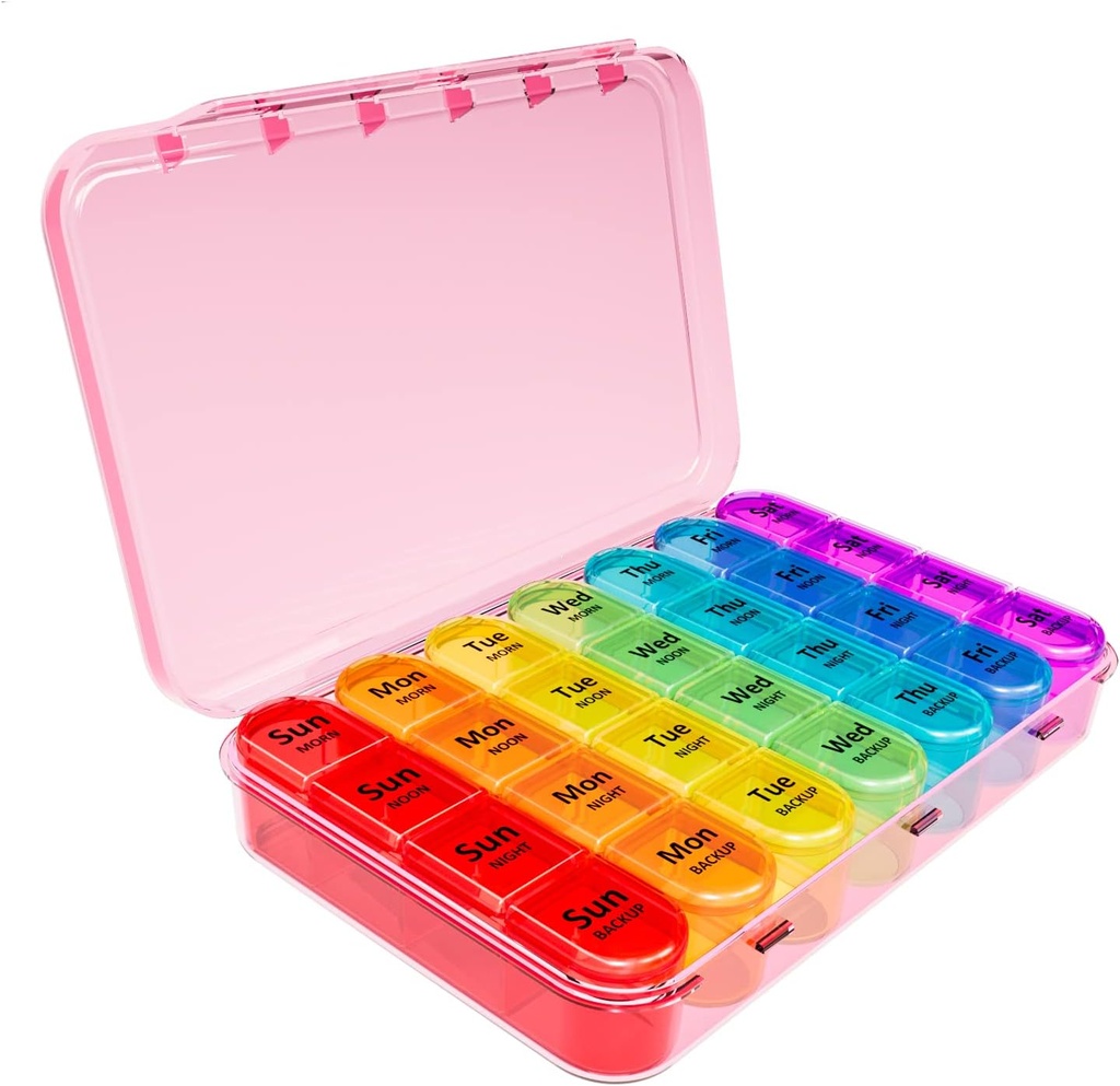 Organizador semanal de píldoras Daviky, organizador de píldoras de 7 días 4 veces al día, caja de píldoras diarias 7 días, caja grande con caja de píldoras extraíbles para mantener la vitamina, suplemento y medicamentos (Pink)