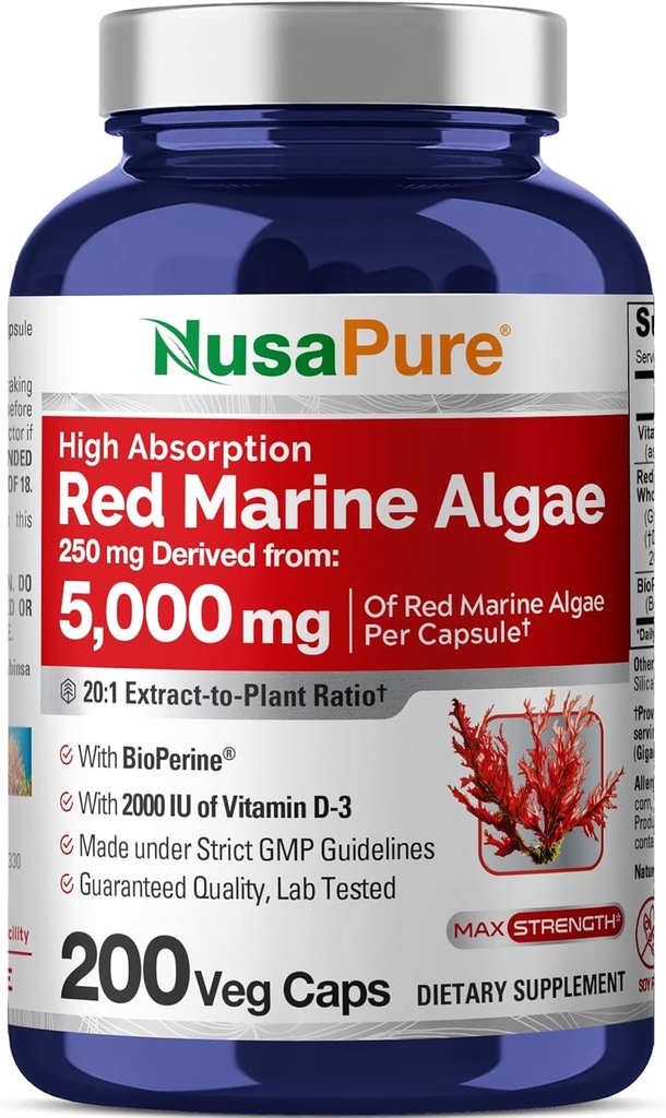 NusaPure Algas marinas rojas 20:1 Extracto, 250 mg Equivalente a 5.000 mg 200 cápsulas vegetales (no GMO &amp; Soy Gratis) Bioperina
