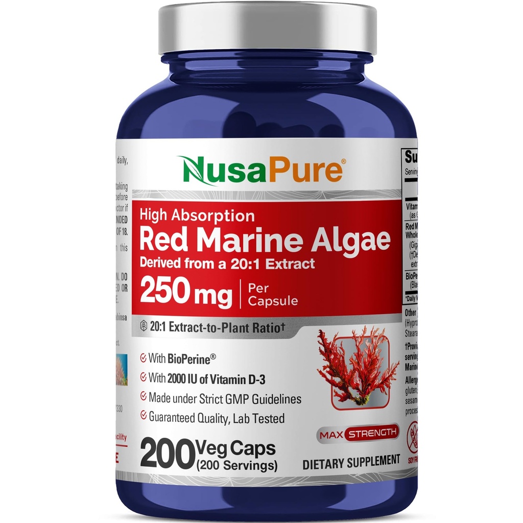 NusaPure Algas marinas rojas 20:1 Extracto, 250 mg Equivalente a 5.000 mg 200 cápsulas vegetales (no GMO &amp; Soy Gratis) Bioperina