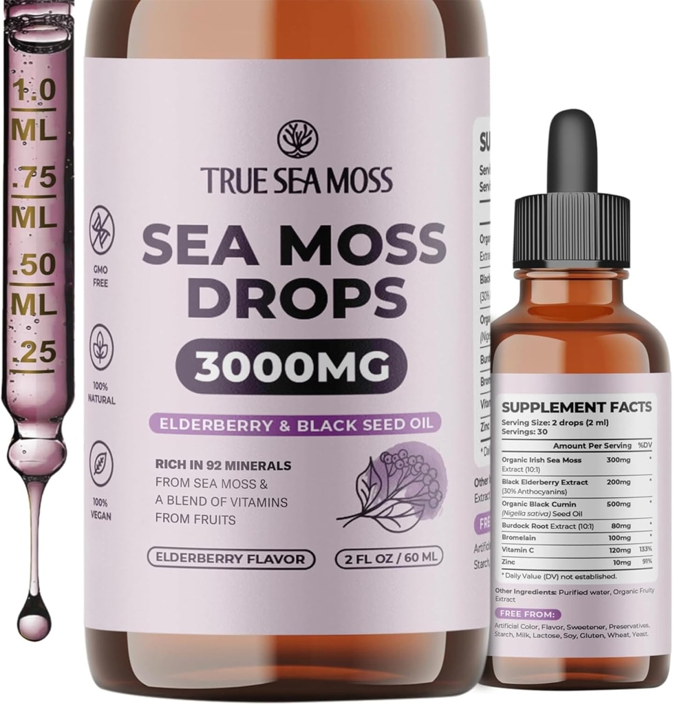 TrueSeaMoss Irish Sea Moss Drops - 5X Stronger Than Sea Moss Gel - 92+ Minerales Esenciales - con Black Elderberry, Burdock Root & Black Cumin - 2 Fl Oz (60ml) - Elderberry Flavor
