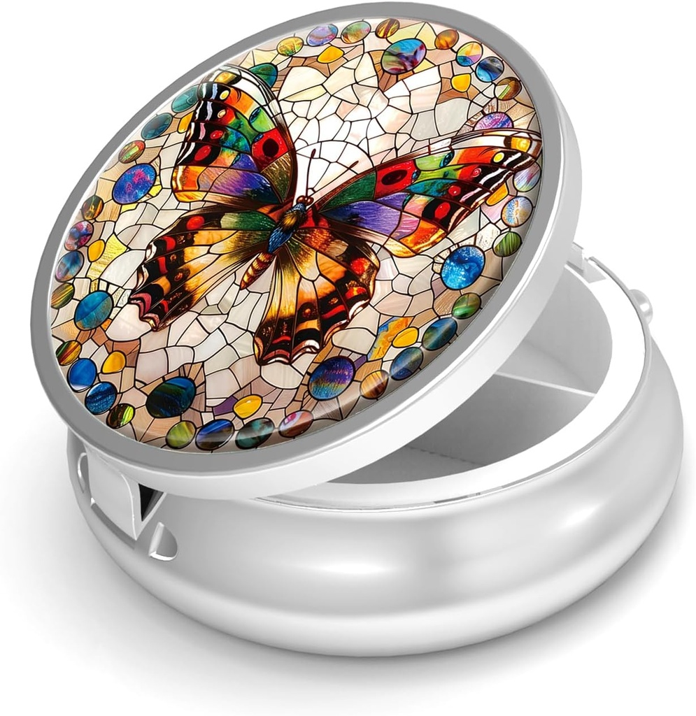 Pill Box-3 Compartment Small Pill Case for Purse &amp; Pocket Mini Metal Pill Holder Travel Pill Container to Hold Supplements Vitamins BPA-Free (Gemstone Butterfly)