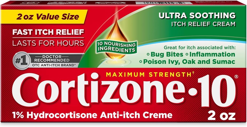 Cortizone-10 Crema de Alivio de Itch de máxima fuerza, 1% de hidrocortisona, acción rápida, crema anti Itch para Bites de Bug, Rash, Eczema, Psoriasis, Poison Ivy, Oak, Sumac &amp; More, 2 oz