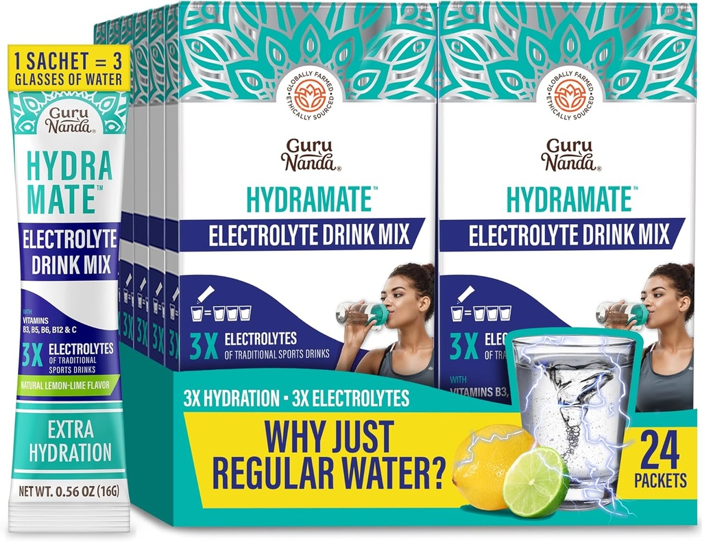 GuruNanda Hydramate Hydration Support Drink Mix - Electrolyte Powder Packets for Dehydration, Exercise & Energy - No Añadido Sweeteners, Non-GMO, Natural Lemon Lime Flavor - 24 Count (0,56 oz Cada uno)